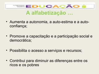 A alfabetização … Aumenta a autonomia, a auto-estima e a auto-confiança; Promove a capacitação e a participação social e democrática; Possibilita o acesso a serviços e recursos; Contribui para diminuir as diferenças entre os ricos e os pobres 