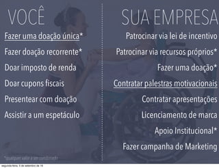 VOCÊ SUA EMPRESA
Fazer uma doação única*
Fazer doação recorrente*
Doar imposto de renda
Doar cupons ﬁscais
Presentear com doação
Assistir a um espetáculo
Patrocinar via lei de incentivo
Patrocinar via recursos próprios*
Fazer uma doação*
Contratar palestras motivacionais
Contratar apresentações
Licenciamento de marca
Apoio Institucional*
Fazer campanha de Marketing
*qualquer valor a ser combinado
segunda-feira, 5 de setembro de 16
 