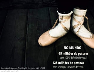 NO MUNDO
45 milhões de pessoas
com 100% deﬁciência visual
*DadosWorlfReportonDisabilitty2010eVision2002eOMS
135 milhões de pessoas
com limitações severas de visão
segunda-feira, 5 de setembro de 16
 