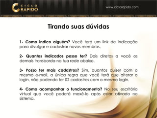 Tirando suas dúvidas
1- Como indico alguém? Você terá um link de indicação
para divulgar e cadastrar novos membros.
2- Quantos indicados posso ter? Dois diretos a você os
demais transborda na tua rede abaixo.
3- Posso ter mais cadastros? Sim, quantos quiser com o
mesmo e-mail, a única regra que você terá que alterar o
login, não podendo ter 02 cadastros com o mesmo login.
4- Como acompanhar o funcionamento? No seu escritório
virtual que você poderá mexê-lo após estar ativado no
sistema.
 