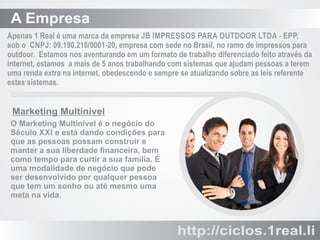 A Empresa
Apenas 1 Real é uma marca da empresa JB IMPRESSOS PARA OUTDOOR LTDA - EPP,
sob o CNPJ: 09.190.218/0001-20, empresa com sede no Brasil, no ramo de impressos para
outdoor. Estamos nos aventurando em um formato de trabalho diferenciado feito através da
internet, estamos a mais de 5 anos trabalhando com sistemas que ajudam pessoas a terem
uma renda extra na internet, obedescendo e sempre se atualizando sobre as leis referente
estes sistemas.

Marketing Multinivel

http://ciclos.1real.li

 
