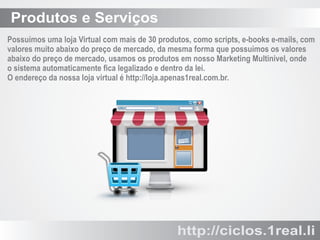 Produtos e Serviços
Possuímos uma loja Virtual com mais de 30 produtos, como scripts, e-books e-mails, com
valores muito abaixo do preço de mercado, da mesma forma que possuímos os valores
abaixo do preço de mercado, usamos os produtos em nosso Marketing Multinivel, onde
o sistema automaticamente ﬁca legalizado e dentro da lei.
O endereço da nossa loja virtual é http://loja.apenas1real.com.br.

http://ciclos.1real.li

 