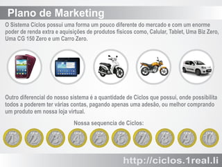 Plano de Marketing
O Sistema Ciclos possui uma forma um pouco diferente do mercado e com um enorme
poder de renda extra e aquisições de produtos físicos como, Calular, Tablet, Uma Biz Zero,
Uma CG 150 Zero e um Carro Zero.

Outro diferencial do nosso sistema é a quantidade de Ciclos que possui, onde possibilita
todos a poderem ter várias contas, pagando apenas uma adesão, ou melhor comprando
um produto em nossa loja virtual.
Nossa sequencia de Ciclos:
Ciclo

1

Ciclo

2

Ciclo

3

Ciclo

4

Ciclo

5

Ciclo

6

Ciclo

7

Ciclo

8

Ciclo

9

Ciclo

10

http://ciclos.1real.li

 
