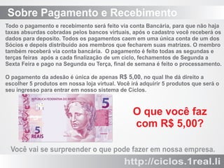 Sobre Pagamento e Recebimento
Todo o pagamento e recebimento será feito via conta Bancária, para que não haja
taxas absurdas cobradas pelos bancos virtuais, após o cadastro você receberá os
dados para deposito. Todos os pagamentos caem em uma única conta de um dos
Sócios e depois distribuído aos membros que fecharem suas matrizes. O membro
também receberá via conta bancária. O pagamento é feito todas as segundas e
terças feiras após a cada ﬁnalização de um ciclo, fechamentos de Segunda a
Sexta Feira e pago na Segunda ou Terça, ﬁnal de semana é feito o processamento.
O pagamento da adesão é única de apenas R$ 5,00, no qual lhe dá direito a
escolher 5 produtos em nossa loja virtual. Você irá adquirir 5 produtos que será o
seu ingresso para entrar em nosso sistema de Ciclos.

O que você faz
com R$ 5,00?
Você vai se surpreender o que pode fazer em nossa empresa.

http://ciclos.1real.li

 