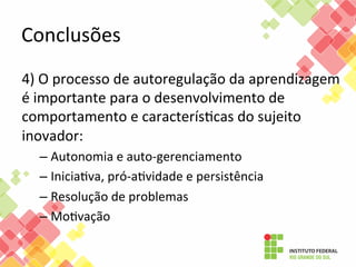 Conclusões	
  
4)	
  O	
  processo	
  de	
  autoregulação	
  da	
  aprendizagem	
  
é	
  importante	
  para	
  o	
  desenvolvimento	
  de	
  
comportamento	
  e	
  caracterísFcas	
  do	
  sujeito	
  
inovador:	
  
–  Autonomia	
  e	
  auto-­‐gerenciamento	
  
–  IniciaFva,	
  pró-­‐aFvidade	
  e	
  persistência	
  
–  Resolução	
  de	
  problemas	
  
–  MoFvação	
  

	
  
	
  

 