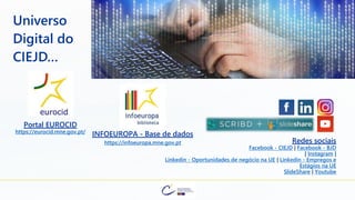 Universo
Digital do
CIEJD…
Logótipo da Biblioteca Infoeuropa
Portal EUROCID
https://eurocid.mne.gov.pt/
INFOEUROPA - Base de dados
https://infoeuropa.mne.gov.pt
Delegação Portuguesa junto da Organização do Tratado do Atlântico Norte
Redes sociais
Facebook - CIEJD | Facebook - BJD
| Instagram |
Linkedin - Oportunidades de negócio na UE | Linkedin - Empregos e
Estágios na UE
SlideShare | Youtube
 
