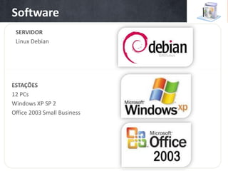 Software
 As máquinas
 SERVIDOR
 Linux Debian




ESTAÇÕES
12 PCs
Windows XP SP 2
Office 2003 Small Business
 