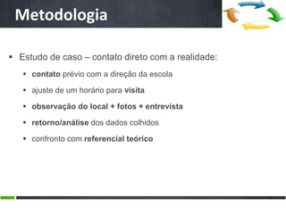 Metodologia

 Estudo de caso – contato direto com a realidade:
    contato prévio com a direção da escola

    ajuste de um horário para visita

    observação do local + fotos + entrevista

    retorno/análise dos dados colhidos

    confronto com referencial teórico
 