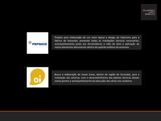 Projeto para elaboração de um novo layout e design de interiores para a fabrica de Sorocaba, prevendo todas as instalações técnicas necessárias, acompanhamento junto aos fornecedores e mão de obra e aplicação de novos elementos decorativos dentro do padrão estético da empresa.Busca e elaboração de novas áreas, dentro da região de Sorocaba, para a instalação das antenas, com o desenvolvimento das plantas técnicas desses novos pontos e acompanhamento da execução das obras nos canteiros .