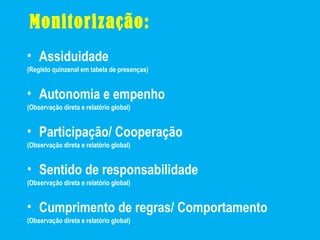 Monitorização:
• Assiduidade
(Registo quinzenal em tabela de presenças)
• Autonomia e empenho
(Observação direta e relatório global)
• Participação/ Cooperação
(Observação direta e relatório global)
• Sentido de responsabilidade
(Observação direta e relatório global)
• Cumprimento de regras/ Comportamento
(Observação direta e relatório global)
 