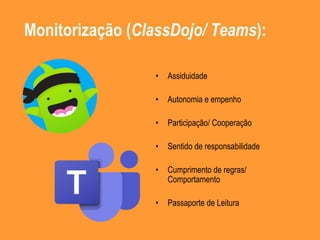 Monitorização (ClassDojo/ Teams):
• Assiduidade
• Autonomia e empenho
• Participação/ Cooperação
• Sentido de responsabilidade
• Cumprimento de regras/
Comportamento
• Passaporte de Leitura
 