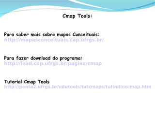 Cmap Tools:


Para saber mais sobre mapas Conceituais:
http://mapasconceituais.cap.ufrgs.br/


Para fazer download do programa:
http://lead.cap.ufrgs.br/pagina/cmap


Tutorial Cmap Tools
http://penta2.ufrgs.br/edutools/tutcmaps/tutindicecmap.html
 