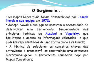 O Surgimento...

  Os mapas Conceituais foram desenvolvidos por Joseph
Novak e sua equipe em 1972;

  Joseph Novak e sua equipe sentiram a necessidade de
desenvolver uma ferramenta, fundamentada nos
príncipios teóricos de Ausubel e Vygotsky, que
facilitasse o acesso as informações coletadas e que
pudesse representá-las de uma forma clara e resumida;

   A técnica de selecionar os conceitos chaves das
entrevistas e transcrevê-las construindo uma estrutura
hierárquica gerou a ferramenta conhecida hoje por
Mapas Conceituais;
 