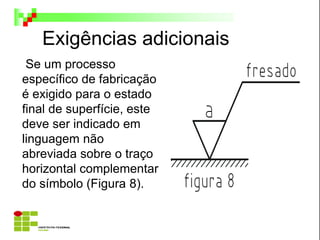 Exigências adicionais
Se um processo
específico de fabricação
é exigido para o estado
final de superfície, este
deve ser indicado em
linguagem não
abreviada sobre o traço
horizontal complementar
do símbolo (Figura 8).
 