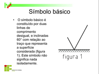 • O símbolo básico é
constituído por duas
linhas de
comprimento
desigual, e inclinadas
60° com relação ao
traço que representa
a superfície
considerada (figura
1). Este símbolo não
significa nada
isoladamente.
Símbolo básico
 