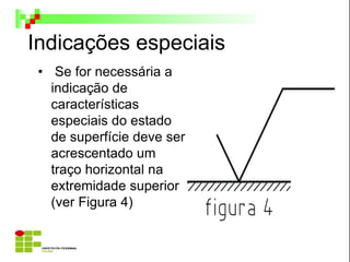 Indicações especiais
• Se for necessária a
indicação de
características
especiais do estado
de superfície deve ser
acrescentado um
traço horizontal na
extremidade superior
(ver Figura 4)
 