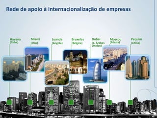 Rede de apoio à internacionalização de empresas



 Havana   Miami   Luanda     Bruxelas    Dubai        Moscou     Pequim
 (Cuba)   (EUA)   (Angola)   (Bélgica)   (E. Árabes   (Rússia)   (China)
                                         Unidos)
 
