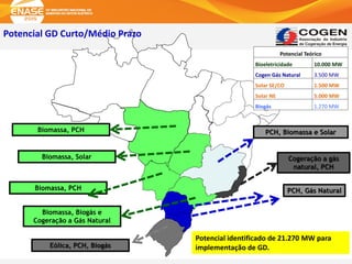 Eólica, PCH, Biogás
Cogeração a gás
natural, PCH
Biomassa, Biogás e
Cogeração a Gás Natural
PCH, Biomassa e Solar
Biomassa, PCH
Biomassa, Solar
Biomassa, PCH
Potencial Teórico
Bioeletricidade 10.000 MW
Cogen Gás Natural 3.500 MW
Solar SE/CO 1.500 MW
Solar NE 5.000 MW
Biogás 1.270 MW
Potencial identificado de 21.270 MW para
implementação de GD.
PCH, Gás Natural
Potencial GD Curto/Médio Prazo
 