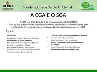 A CGA E O SGA
Centro de Gestão e Tratamento de Resíduos Químicos
• Alexandre Bazzo – Bel. em Química
• Greice Vanin Oliveira – Bel. em Química
Setor de Licenciamento e Fiscalização Ambiental
da SUINFRA
• Andrea P. Loguercio – Engenheira Agrônoma
Bolsistas de graduação de diferentes áreas
A CGA é a Coordenadoria de Gestão Ambiental da UFRGS.
Sua equipe é responsável pelos levantamentos ambientais da Universidade e pela
implantação de mecanismos em prol do ambiente, articulado dentro do SGA.
Equipe:
Coordenador
• Darci Barnech Campani – Engenheiro Agrônomo
Coordenadoria de Gestão Ambiental
• Eduardo Flores Cardoso – Engenheiro Agrônomo
• Fernando Henrique Platt – Biólogo
• Guta Teixeira - Jornalista e Bel. em Direito
• Paulo Robinson da Silva Samuel – Engenheiro Civil
• Tereza Campezatto – Bel. em Química
 
