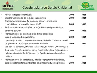 • Adotar licitações sustentáveis 2009 2012
• Elaborar um sistema de compras sustentáveis 2009 2012
• Oferecer o programa de formação de gestores ambientais
com 185 horas aos servidores da UFRGS 2009 2012
• Realizar ações de capacitação curtas (até 40 horas) para técnicos,
docentes e alunos 2009 2012
• Promover ações de extensão sobre temas ambientais
para a comunidade universitária 2009 2012
• Oferecer junto com o Departamento de Assistência à Saúde da UFRGS
programas de capacitação em saúde e ambiente 2009 2012
• Estabelecer parcerias, através de Conselhos, Seminários, Workshops e
Grupos de Trabalho parcerias com outras instituições públicas para se
debater a implantação de Sistemas de Gestão Ambiental na esfera
pública 2009 2012
• Promover ações de capacitação, através de programa de extensão,
para capacitar gestores ambientais em outras instituições públicas 2009 2012
 