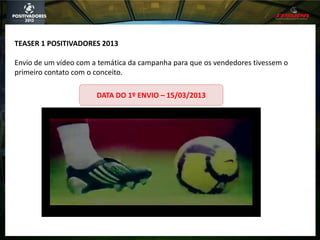 TEASER 1 POSITIVADORES 2013
Envio de um vídeo com a temática da campanha para que os vendedores tivessem o
primeiro contato com o conceito.
DATA DO 1º ENVIO – 15/03/2013
 