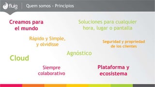 Quiénes somos - Principios
Creados para
el mundo
Rápido y simple,
o se deja de lado
Cloud
Soluciones para
cualquier momento,
lugar o dispositivo
Seguridad y propiedad
de los clientes
Agnóstico
Siempre
colaborativo
Plataforma y
ecosistema
 
