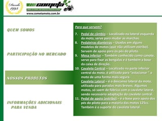 Para que servem?
QUEM SOMOS
                          7. Pedal de câmbio – Localizado na lateral esquerda
                              da moto, serve para mudar as marchas.
                          8. Pedaleiras dianteiras – Usadas em alguns
                              modelos de motos (que não utilizam estribo).
                              Servem de apoio para os pés do piloto.
PARTICIPAÇÃO NO MERCADO   9. Mesa inferior – Também conhecido como canote,
                              serve para fixar as bengalas e é também a base
                              da caixa de direção.
                          10. Cavalete Central – Localizado na parte inferior
                              central da moto, é utilizado para “estacionar “ a
NOSSOS PRODUTOS               moto de uma forma mais segura.
                              Cavalete Lateral – é o descanso lateral da moto,
                              utilizado para paradas mais breves. Algumas
                              motos, só saem de fábrica com o cavalete lateral,
                              sendo necessário adaptação do cavalete central.
                          11. Pedal de apoio (estribo) – é a base para apoio dos
INFORMAÇÕES ADICIONAIS        pés do piloto para a maioria das motos 125cc.
  PARA VENDA                  Também é o suporte do cavalete lateral.
 
