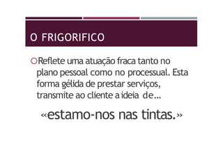 O FRIGORIFICO
Reflete uma atuação fraca tanto no
plano pessoal como no processual. Esta
forma gélida de prestar serviços,
transmite ao cliente aideia de…
«estamo-nos nas tintas.»
 