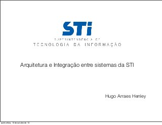 Arquitetura e Integração entre sistemas da STI
Hugo Arraes Henley
quinta-feira, 10 de outubro de 13
 