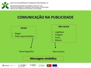 COMUNICAÇÃO NA PUBLICIDADE
INSTITUTO DO EMPREGO E FORMAÇÃO PROFISSIONAL, IP
DELEGAÇÃO REGIONAL DE LISBOA E VALE DO TEJO
CENTRO DE EMPREGO E FORMAÇÃO PROFISSIONAL DE SANTARÉM
SERVIÇO DE FORMAÇÃO PROFISSIONAL DE SANTARÉM
Verbal
• Slogan
• Texto argumentativo
Não-Verbal
• Logótipos
• Imagens
• Cores
• Música
Texto linguístico Texto icónico
Mensagem simbólica
 