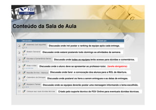 Conteúdo da Sala de Aula
Discussão onde irei postar o ranking da equipe após cada entrega.
Discussão onde estarei postando todo domingo as atividades da semana.
Discussão onde todas as equipes terão acesso para dúvidas e comentários.
Discussão onde o aluno deve se apresentar ao professor-tutor. (tarefa obrigatória)
Discussão onde farei a convocação dos alunos para a ROL de Abertura.
Discussão onde postarei os itens a serem entregues e as datas de entregas.
Discussão onde as equipes deverão postar uma mensagem informando o tema escolhido.
Criado pelo suporte técnico do FGV Online para eventuais dúvidas técnicas.
 