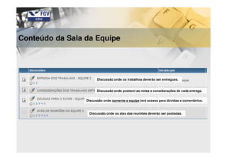 Conteúdo da Sala da Equipe
Discussão onde os trabalhos deverão ser entregues.
Discussão onde postarei as notas e considerações de cada entrega.
Discussão onde somente a equipe terá acesso para dúvidas e comentários.
Discussão onde as atas das reuniões deverão ser postadas.
 