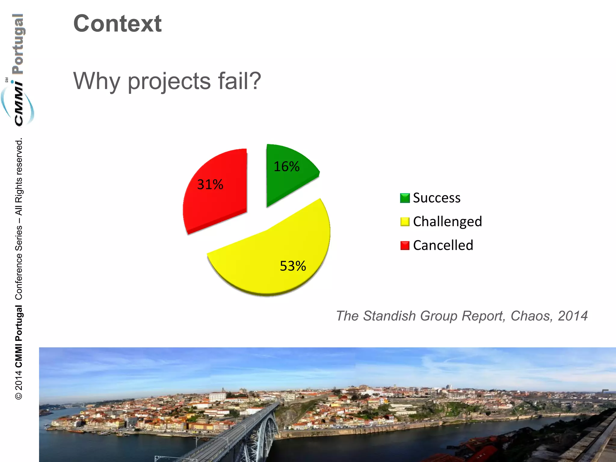 5 
© 2014 CMMI Portugal Conference Series – All Rights reserved. 
Context Why projects fail? 
16% 
53% 
31% 
Success 
Challenged 
Cancelled 
The Standish Group Report, Chaos, 2014  