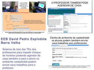Profa: Adilene Hensel Matias
EEB David Pedro Espíndola
Barra Velha
Sistema de Uso das TEs dos
professores para impedir choque
de horários podendo agendar de
casa também e para o aluno no
ambiente cadastrolab podem
enviar seus trabalhos para o
professor.
 