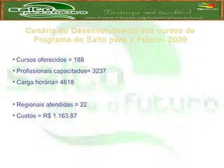Cenário do Desenvolvimento dos cursos do
Programa do Salto para o Futuro- 2009
• Cursos oferecidos = 188
• Profissionais capacitados= 3237
• Carga horária= 4618
• Regionais atendidas = 22
• Custos = R$ 1.163,87
 