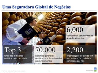Uma Seguradora Global de Negócios




                                                                                         6,000
                                                                                         companhias certificadas na
                                                                                         área de alimentos




      Top 3                                                70,000                        2,200
      Uma das 3 maiores                                    sistemas gerenciais           organizações de saúde tem
      certificadoras mundiais                              certificados sob mais de 80   seu sistema de qualidade
                                                           credenciamentos               certificado por nós



© Det Norske Veritas Ltda. Todos os direitos reservados.                19
 