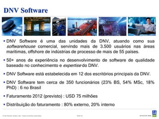 DNV Software



 DNV Software é uma das unidades da DNV, atuando como sua
  softwarehouse comercial, servindo mais de 3.500 usuários nas áreas
  marítimas, offshore de indústrias de processo de mais de 55 países.
 50+ anos de experiência no desenvolvimento de software de qualidade
  baseado no conhecimento e expertise do DNV.
 DNV Software está estabelecida em 12 dos escritórios principais da DNV.
 DNV Software tem cerca de 350 funcionários (23% BS, 54% MSc, 18%
  PhD) : 6 no Brasil
 Faturamento 2012 (previsto) : USD 75 milhões
 Distribuição do faturamento : 80% externo, 20% interno

© Det Norske Veritas Ltda. Todos os direitos reservados.   Slide 23
 