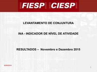 1
1
03/02/2016
LEVANTAMENTO DE CONJUNTURA
INA - INDICADOR DE NÍVEL DE ATIVIDADE
RESULTADOS – Novembro e Dezembro 2015
 
