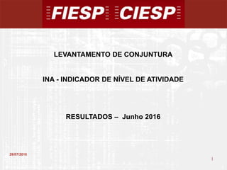 1
1
28/07/2016
LEVANTAMENTO DE CONJUNTURA
INA - INDICADOR DE NÍVEL DE ATIVIDADE
RESULTADOS – Junho 2016
 