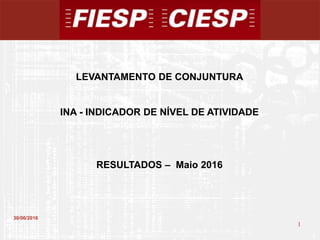 1
1
30/06/2016
LEVANTAMENTO DE CONJUNTURA
INA - INDICADOR DE NÍVEL DE ATIVIDADE
RESULTADOS – Maio 2016
 