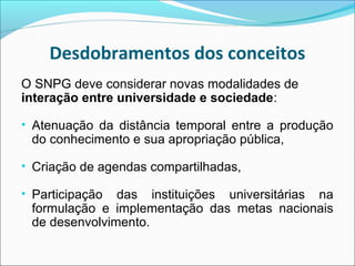 Desdobramentos dos conceitos
O SNPG deve considerar novas modalidades de
interação entre universidade e sociedade:

• Atenuação da distância temporal entre a produção
 do conhecimento e sua apropriação pública,

• Criação de agendas compartilhadas,

• Participação das instituições universitárias na
 formulação e implementação das metas nacionais
 de desenvolvimento.
 