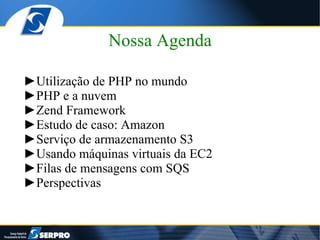 Nossa Agenda

►Utilização de PHP no mundo
►PHP e a nuvem
►Zend Framework
►Estudo de caso: Amazon
►Serviço de armazenamento S3
►Usando máquinas virtuais da EC2
►Filas de mensagens com SQS
►Perspectivas
 