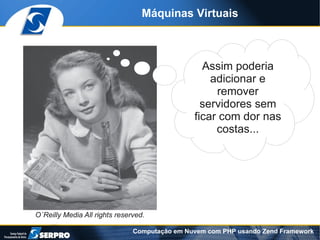Máquinas Virtuais



                                                 Assim poderia
                                                   adicionar e
                                                    remover
                                                 servidores sem
                                               ficar com dor nas
                                                    costas...




O´Reilly Media All rights reserved.

                               Computação em Nuvem com PHP usando Zend Framework
 