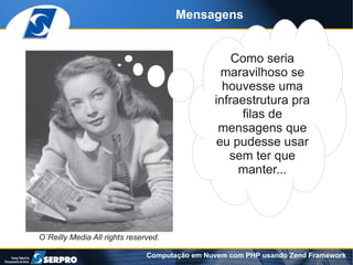 Mensagens


                                                   Como seria
                                                 maravilhoso se
                                                 houvesse uma
                                               infraestrutura pra
                                                     filas de
                                                mensagens que
                                                eu pudesse usar
                                                  sem ter que
                                                    manter...




O´Reilly Media All rights reserved.

                               Computação em Nuvem com PHP usando Zend Framework
 
