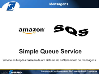 Mensagens




            Simple Queue Service
fornece as funções básicas de um sistema de enfileiramento de mensagens


                             Computação em Nuvem com PHP usando Zend Framework
 