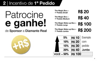 9
2 | Incentivo de 1º Pedido
Patrocine
e ganhe!
VOCÊ = 50%
20%
15%
10%
5%
de Sponsor a Diamante Real
Exemplo
com
pedido
Jumbo
The Magic Box +
1º Pedido Small
The Magic Box +
1º Pedido Medium
The Magic Make-up Box +
1º Pedido Large
The Magic Make-up Box +
1º Pedido Jumbo
20R$
R$
R$
R$
40
100
200
R$ 10
R$ 20
R$ 30
R$ 40
R$ 100
 
