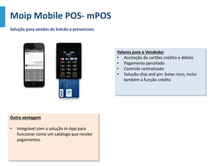 Valores para o Vendedor
• Aceitação de cartões crédito e débito
• Pagamento parcelado
• Controle centralizado
• Solução chip and pin: baixo risco, inclui
também a função crédito
Moip Mobile POS- mPOS
Outra vantagem
• Integrável com a solução In-App para
funcionar como um catálogo que recebe
pagamentos.
Solução para vendas de balcão e presenciais
 