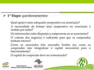  1ª Etapa: questionamentos
Qual opção é mais adequada: cooperativa ou associação?
A necessidade de formar uma cooperativa ou associação é
sentida por todos?
Os interessados estão dispostos a cooperarem ou se associarem?
O volume dos negócios é suficiente para que os cooperados
tenham retorno?
Como os associados irão arrecadar fundos (ou como os
cooperados irão integralizar o capital necessário) para o
funcionamento?
O capital do cooperado deve ser remunerado?
 