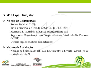  4ª Etapa: Registro
 No caso de Cooperativas:
Receita Federal: CNPJ;
Junta Comercial do Estado de São Paulo – JUCESP;
Secretaria Estadual da Fazenda: Inscrição Estadual;
Registro na Organização das Cooperativas no Estado de São Paulo –
OCESP;
Demais órgãos públicos competentes;
 No caso de Associações:
Apenas no Cartório de Títulos e Documentos e Receita Federal (para
emissão de CNPJ);
 