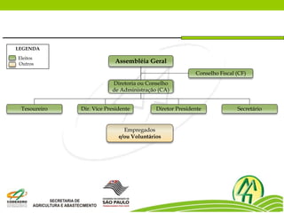 Assembléia Geral
Diretoria ou Conselho
de Administração (CA)
Conselho Fiscal (CF)
Diretor Presidente
Tesoureiro Dir. Vice Presidente
Empregados
e/ou Voluntários
LEGENDA
Eleitos
Outros
Secretário
 